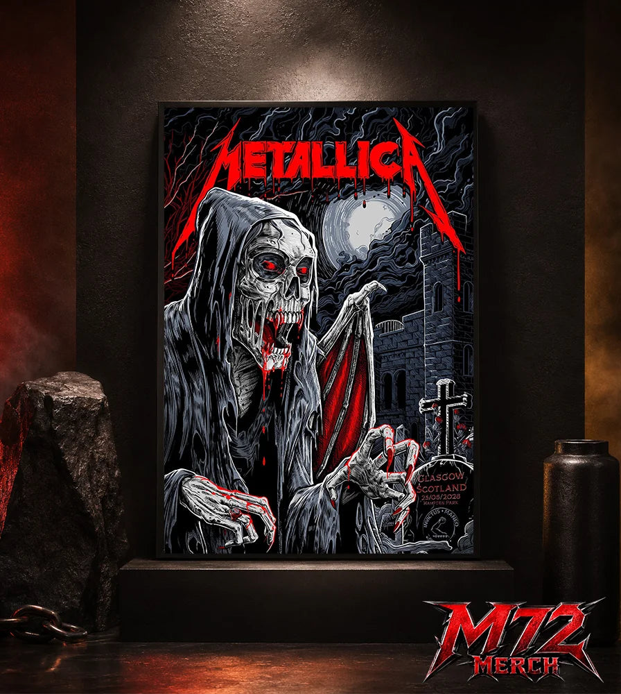 Metallica M72 World Tour June 25 2026 Glasgow Scotland Hampden Park poster canvas featuring Vampire Reaper Artwork by Landon Armstrong with hooded skeletal vampire, glowing red eyes, sharp fangs, bat wings, full moon, cemetery cross, stone towers, and dark gothic heavy metal artwork