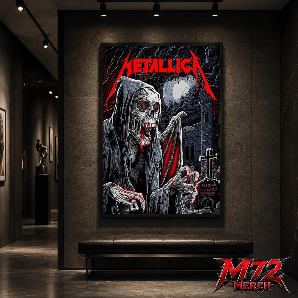 Metallica M72 World Tour June 25 2026 Glasgow Scotland Hampden Park poster canvas featuring Vampire Reaper Artwork by Landon Armstrong with hooded skeletal vampire, glowing red eyes, sharp fangs, bat wings, full moon, cemetery cross, stone towers, and dark gothic heavy metal artwork
