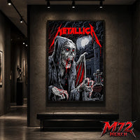 Metallica M72 World Tour June 25 2026 Glasgow Scotland Hampden Park poster canvas featuring Vampire Reaper Artwork by Landon Armstrong with hooded skeletal vampire, glowing red eyes, sharp fangs, bat wings, full moon, cemetery cross, stone towers, and dark gothic heavy metal artwork