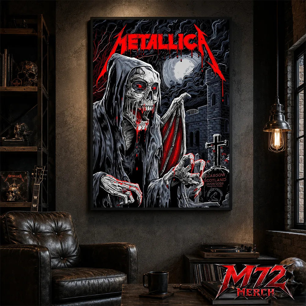 Metallica M72 World Tour June 25 2026 Glasgow Scotland Hampden Park poster canvas featuring Vampire Reaper Artwork by Landon Armstrong with hooded skeletal vampire, glowing red eyes, sharp fangs, bat wings, full moon, cemetery cross, stone towers, and dark gothic heavy metal artwork