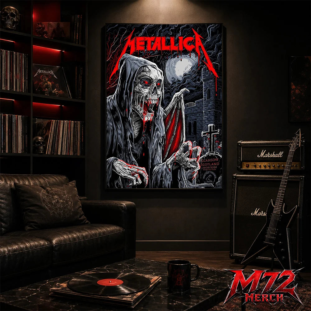 Metallica M72 World Tour June 25 2026 Glasgow Scotland Hampden Park poster canvas featuring Vampire Reaper Artwork by Landon Armstrong with hooded skeletal vampire, glowing red eyes, sharp fangs, bat wings, full moon, cemetery cross, stone towers, and dark gothic heavy metal artwork