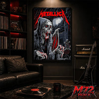 Metallica M72 World Tour June 25 2026 Glasgow Scotland Hampden Park poster canvas featuring Vampire Reaper Artwork by Landon Armstrong with hooded skeletal vampire, glowing red eyes, sharp fangs, bat wings, full moon, cemetery cross, stone towers, and dark gothic heavy metal artwork