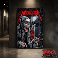 Metallica M72 World Tour June 25 2026 Glasgow Scotland Hampden Park poster canvas featuring Vampire Reaper Artwork by Landon Armstrong with hooded skeletal vampire, glowing red eyes, sharp fangs, bat wings, full moon, cemetery cross, stone towers, and dark gothic heavy metal artwork