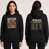 Metallica M72 World Tour June 27 2025 Empower Field At Mile High Denver Colorado United States 2 side T-shirt by Juan Ma Orozco featuring skull-faced warriors riding armored bears, skulls, bones, mountain scenery and M72 tour back print.