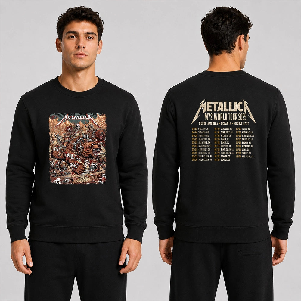 Metallica M72 World Tour June 27 2025 Empower Field At Mile High Denver Colorado United States 2 side T-shirt by Juan Ma Orozco featuring skull-faced warriors riding armored bears, skulls, bones, mountain scenery and M72 tour back print.