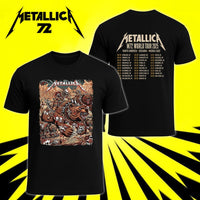 Metallica M72 World Tour June 27 2025 Empower Field At Mile High Denver Colorado United States 2 side T-shirt by Juan Ma Orozco featuring skull-faced warriors riding armored bears, skulls, bones, mountain scenery and M72 tour back print.