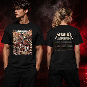 Metallica M72 World Tour June 27 2025 Empower Field At Mile High Denver Colorado United States 2 side T-shirt by Juan Ma Orozco featuring skull-faced warriors riding armored bears, skulls, bones, mountain scenery and M72 tour back print.