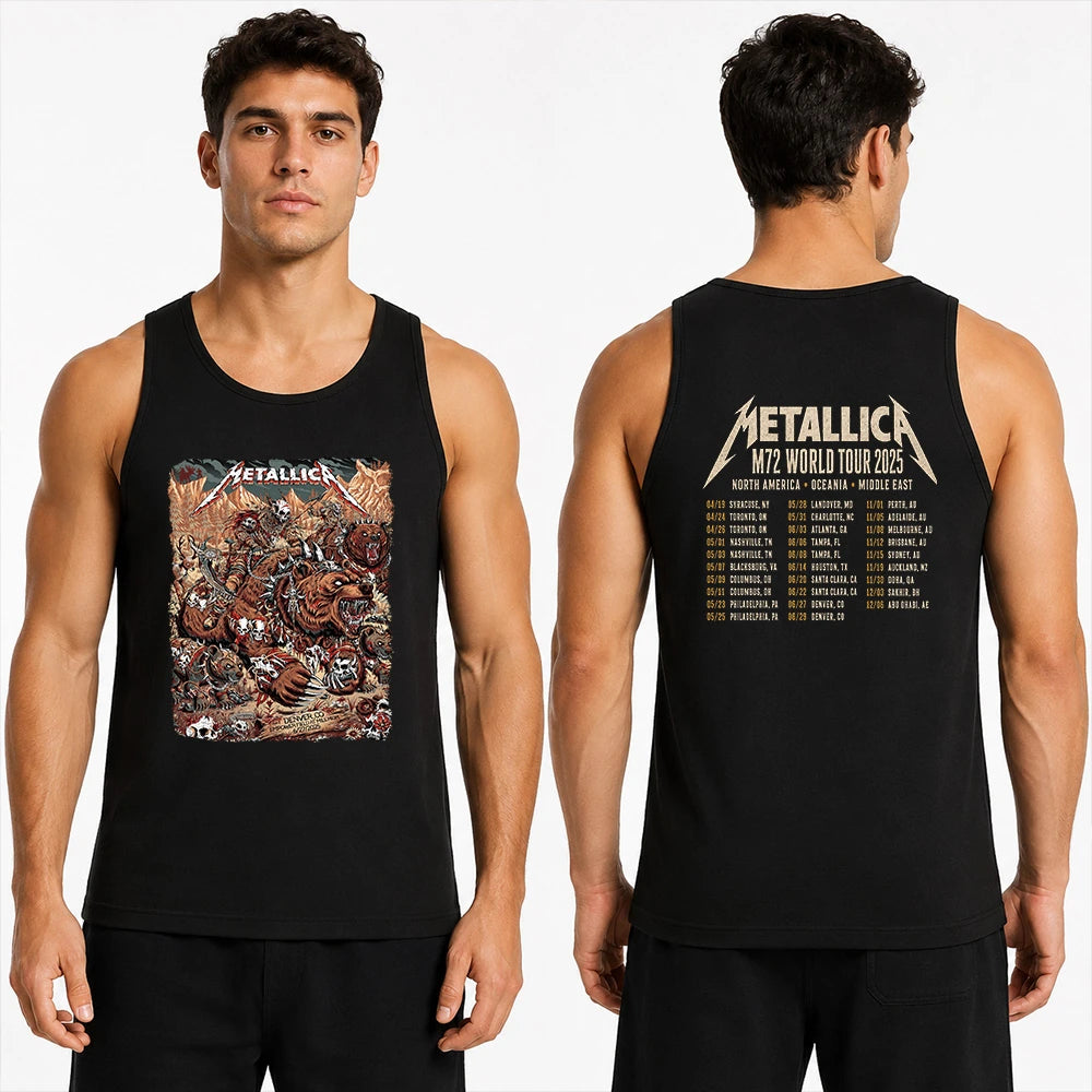 Metallica M72 World Tour June 27 2025 Empower Field At Mile High Denver Colorado United States 2 side T-shirt by Juan Ma Orozco featuring skull-faced warriors riding armored bears, skulls, bones, mountain scenery and M72 tour back print.