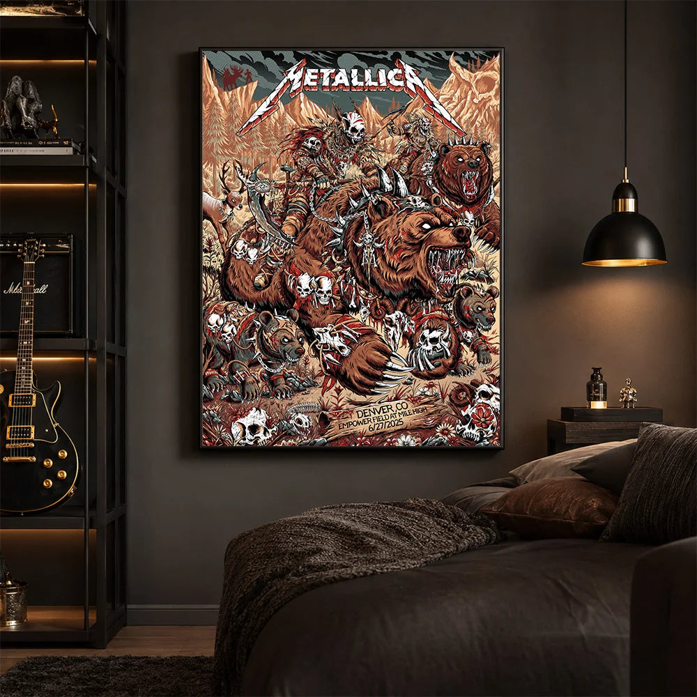 Metallica M72 World Tour June 27 2025 Empower Field At Mile High Denver Colorado United States poster canvas featuring skull-faced warriors riding armored bears, smaller bear creatures, bones, skulls, mountain scenery and Denver event text.
