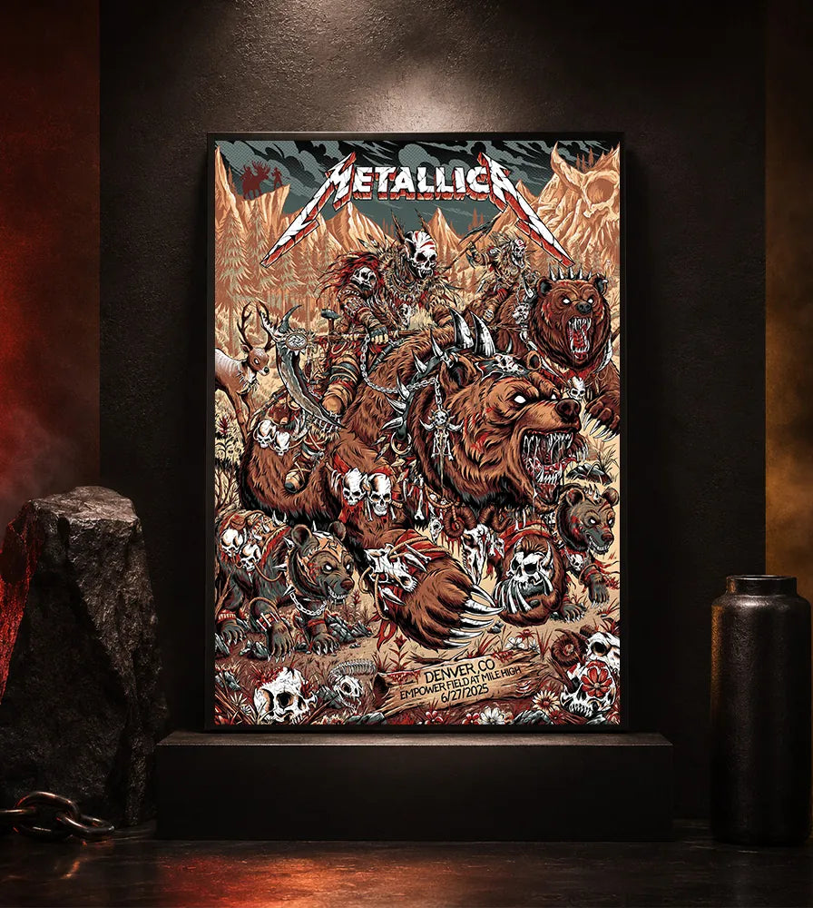 Metallica M72 World Tour June 27 2025 Empower Field At Mile High Denver Colorado United States poster canvas featuring skull-faced warriors riding armored bears, smaller bear creatures, bones, skulls, mountain scenery and Denver event text.
