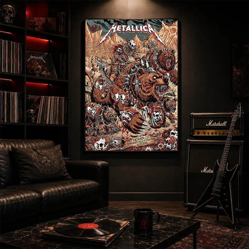 Metallica M72 World Tour June 27 2025 Empower Field At Mile High Denver Colorado United States poster canvas featuring skull-faced warriors riding armored bears, smaller bear creatures, bones, skulls, mountain scenery and Denver event text.