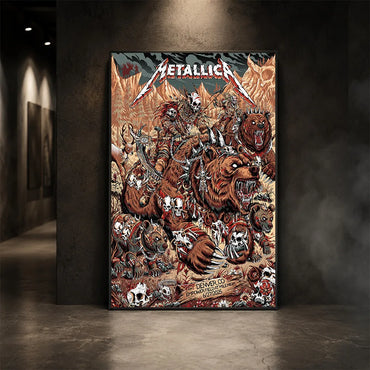 Metallica M72 World Tour June 27 2025 Empower Field At Mile High Denver Colorado United States poster canvas featuring skull-faced warriors riding armored bears, smaller bear creatures, bones, skulls, mountain scenery and Denver event text.