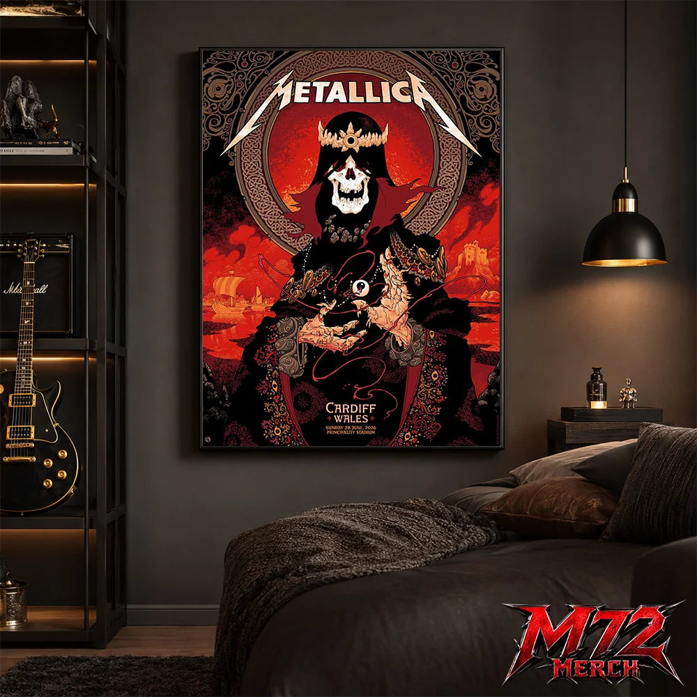 Metallica M72 World Tour June 28 2026 Cardiff Wales Principality Stadium poster canvas featuring Grim King Artwork by Peter Diamond with a crowned skeleton, Celtic knotwork, medieval castle, Viking ships, ornate robes, fiery sky, and gothic heavy metal artwork
