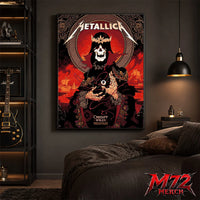 Metallica M72 World Tour June 28 2026 Cardiff Wales Principality Stadium poster canvas featuring Grim King Artwork by Peter Diamond with a crowned skeleton, Celtic knotwork, medieval castle, Viking ships, ornate robes, fiery sky, and gothic heavy metal artwork