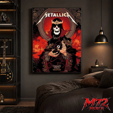 Metallica M72 World Tour June 28 2026 Cardiff Wales Principality Stadium poster canvas featuring Grim King Artwork by Peter Diamond with a crowned skeleton, Celtic knotwork, medieval castle, Viking ships, ornate robes, fiery sky, and gothic heavy metal artwork