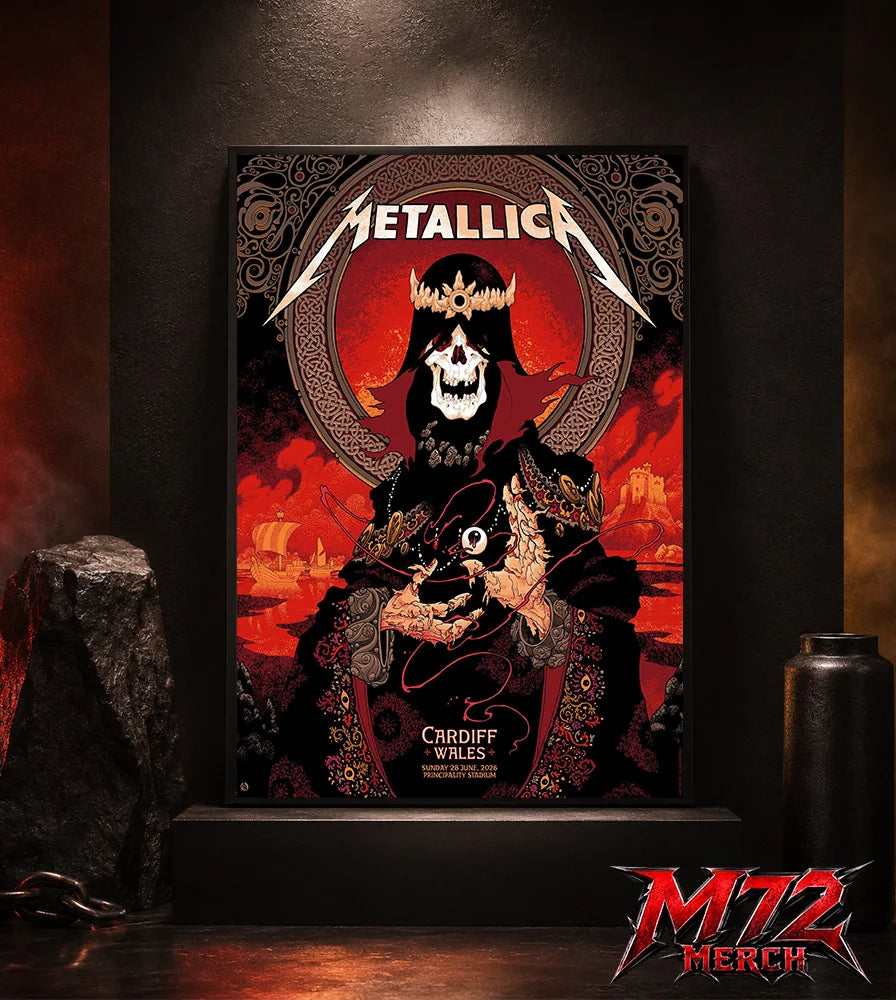 Metallica M72 World Tour June 28 2026 Cardiff Wales Principality Stadium poster canvas featuring Grim King Artwork by Peter Diamond with a crowned skeleton, Celtic knotwork, medieval castle, Viking ships, ornate robes, fiery sky, and gothic heavy metal artwork