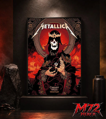 Metallica M72 World Tour June 28 2026 Cardiff Wales Principality Stadium poster canvas featuring Grim King Artwork by Peter Diamond with a crowned skeleton, Celtic knotwork, medieval castle, Viking ships, ornate robes, fiery sky, and gothic heavy metal artwork