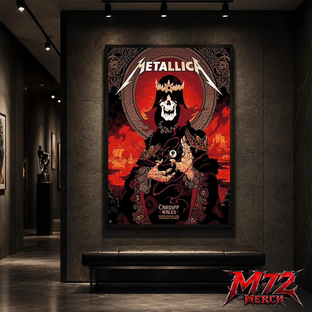Metallica M72 World Tour June 28 2026 Cardiff Wales Principality Stadium poster canvas featuring Grim King Artwork by Peter Diamond with a crowned skeleton, Celtic knotwork, medieval castle, Viking ships, ornate robes, fiery sky, and gothic heavy metal artwork