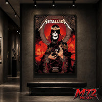 Metallica M72 World Tour June 28 2026 Cardiff Wales Principality Stadium poster canvas featuring Grim King Artwork by Peter Diamond with a crowned skeleton, Celtic knotwork, medieval castle, Viking ships, ornate robes, fiery sky, and gothic heavy metal artwork