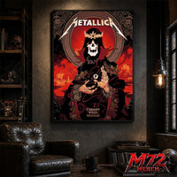 Metallica M72 World Tour June 28 2026 Cardiff Wales Principality Stadium poster canvas featuring Grim King Artwork by Peter Diamond with a crowned skeleton, Celtic knotwork, medieval castle, Viking ships, ornate robes, fiery sky, and gothic heavy metal artwork