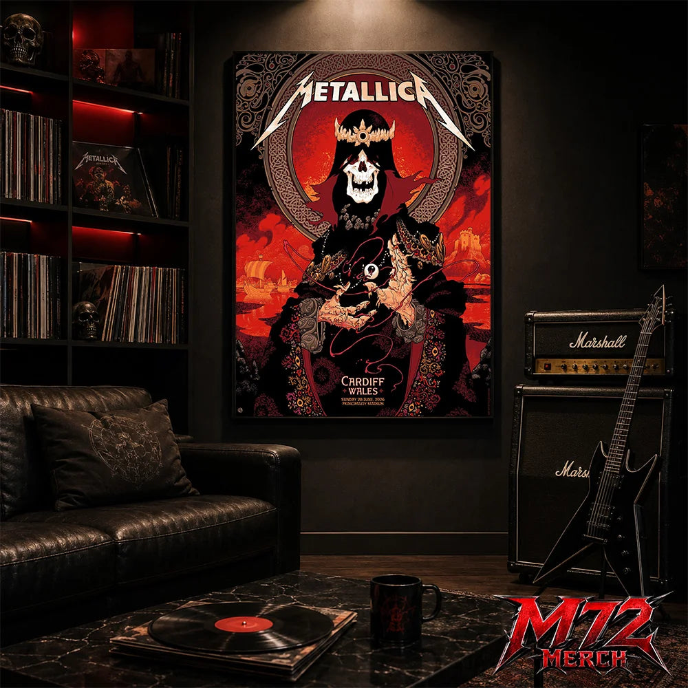 Metallica M72 World Tour June 28 2026 Cardiff Wales Principality Stadium poster canvas featuring Grim King Artwork by Peter Diamond with a crowned skeleton, Celtic knotwork, medieval castle, Viking ships, ornate robes, fiery sky, and gothic heavy metal artwork