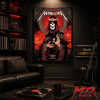 Metallica M72 World Tour June 28 2026 Cardiff Wales Principality Stadium poster canvas featuring Grim King Artwork by Peter Diamond with a crowned skeleton, Celtic knotwork, medieval castle, Viking ships, ornate robes, fiery sky, and gothic heavy metal artwork