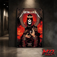 Metallica M72 World Tour June 28 2026 Cardiff Wales Principality Stadium poster canvas featuring Grim King Artwork by Peter Diamond with a crowned skeleton, Celtic knotwork, medieval castle, Viking ships, ornate robes, fiery sky, and gothic heavy metal artwork