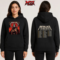 Metallica M72 World Tour June 28 2026 Cardiff Wales Principality Stadium two sided Hoodie featuring Grim King Artwork by Peter Diamond with a crowned skeleton, Celtic knotwork, medieval castle, Viking ships, ornate robes, fiery sky, and gothic heavy metal artwork