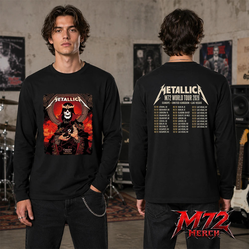 Metallica M72 World Tour June 28 2026 Cardiff Wales Principality Stadium two sided Long sleeve featuring Grim King Artwork by Peter Diamond with a crowned skeleton, Celtic knotwork, medieval castle, Viking ships, ornate robes, fiery sky, and gothic heavy metal artwork