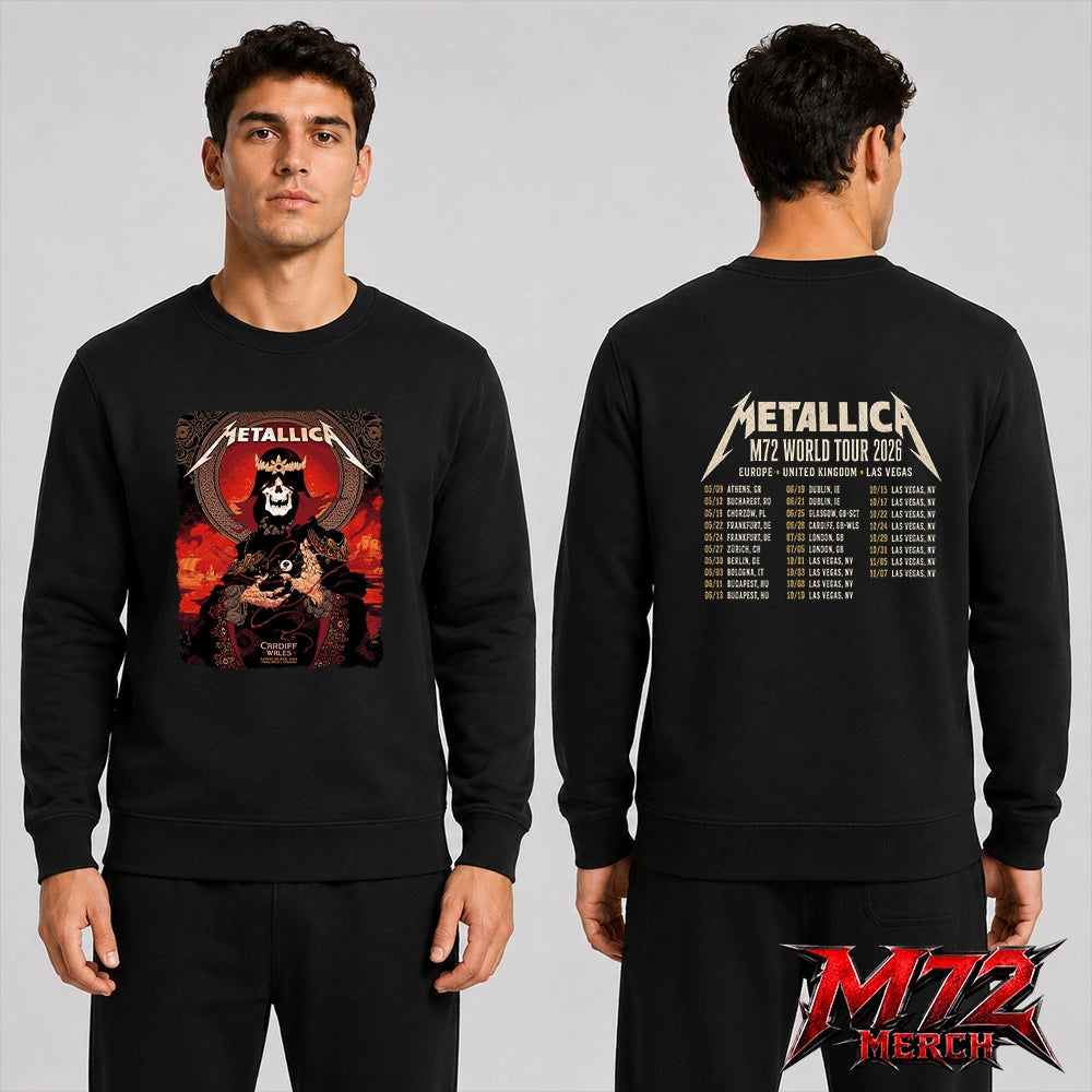 Metallica M72 World Tour June 28 2026 Cardiff Wales Principality Stadium two sided Sweatshirt featuring Grim King Artwork by Peter Diamond with a crowned skeleton, Celtic knotwork, medieval castle, Viking ships, ornate robes, fiery sky, and gothic heavy metal artwork