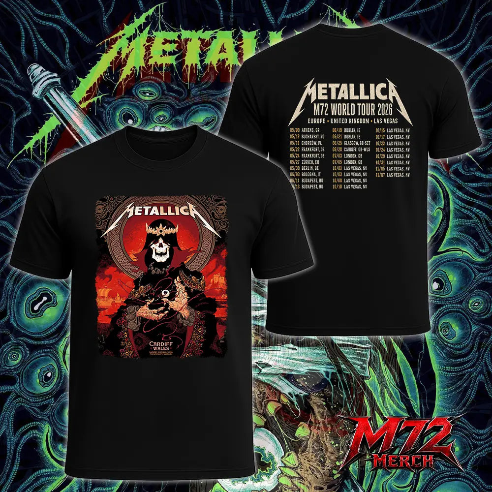 Metallica M72 World Tour June 28 2026 Cardiff Wales Principality Stadium two sided T-Shirt featuring Grim King Artwork by Peter Diamond with a crowned skeleton, Celtic knotwork, medieval castle, Viking ships, ornate robes, fiery sky, and gothic heavy metal artwork