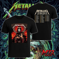 Metallica M72 World Tour June 28 2026 Cardiff Wales Principality Stadium two sided T-Shirt featuring Grim King Artwork by Peter Diamond with a crowned skeleton, Celtic knotwork, medieval castle, Viking ships, ornate robes, fiery sky, and gothic heavy metal artwork