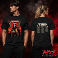 Metallica M72 World Tour June 28 2026 Cardiff Wales Principality Stadium two sided T-Shirt featuring Grim King Artwork by Peter Diamond with a crowned skeleton, Celtic knotwork, medieval castle, Viking ships, ornate robes, fiery sky, and gothic heavy metal artwork