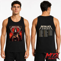 Metallica M72 World Tour June 28 2026 Cardiff Wales Principality Stadium two sided Tank top featuring Grim King Artwork by Peter Diamond with a crowned skeleton, Celtic knotwork, medieval castle, Viking ships, ornate robes, fiery sky, and gothic heavy metal artwork