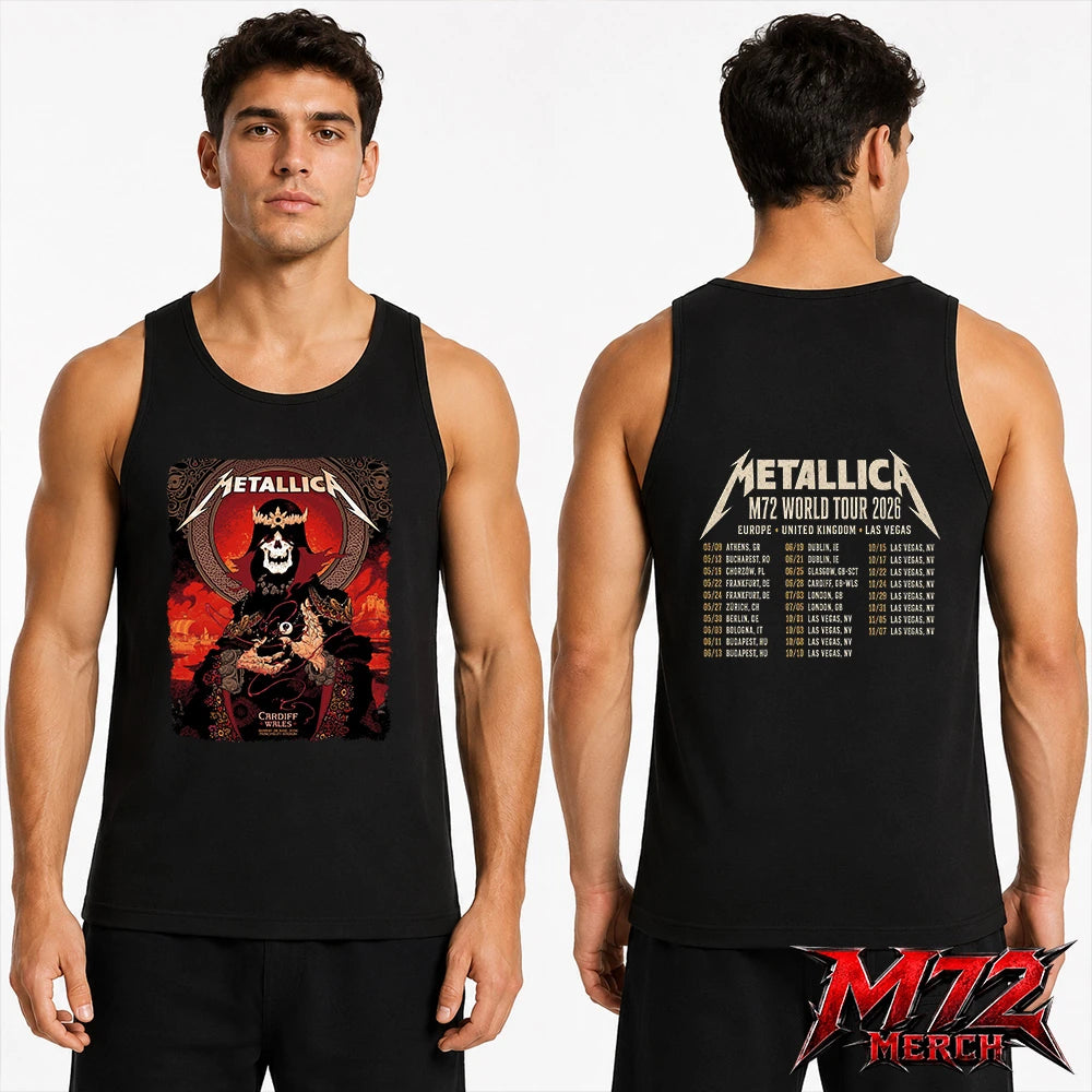 Metallica M72 World Tour June 28 2026 Cardiff Wales Principality Stadium two sided Tank top featuring Grim King Artwork by Peter Diamond with a crowned skeleton, Celtic knotwork, medieval castle, Viking ships, ornate robes, fiery sky, and gothic heavy metal artwork