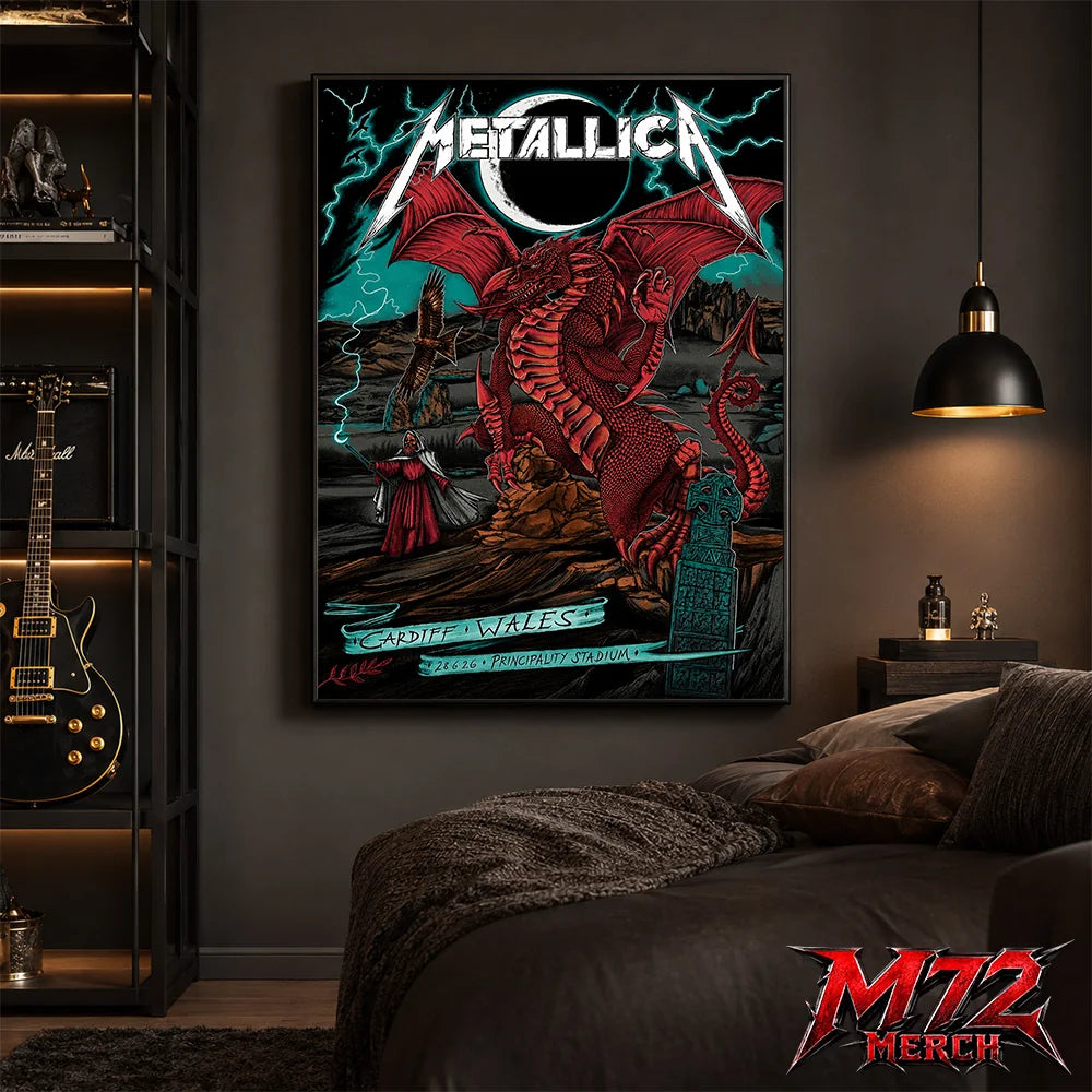 Metallica M72 World Tour June 28 2026 Cardiff Wales Principality Stadium poster canvas featuring Red Dragon Artwork by The Duchess Of Dark with a crimson Welsh dragon, solar eclipse, lightning, Celtic standing stones, mountain landscape, raven, mysterious sorcerer, and fantasy heavy metal artwork