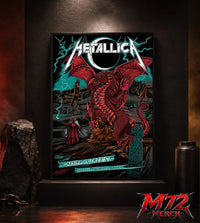 Metallica M72 World Tour June 28 2026 Cardiff Wales Principality Stadium poster canvas featuring Red Dragon Artwork by The Duchess Of Dark with a crimson Welsh dragon, solar eclipse, lightning, Celtic standing stones, mountain landscape, raven, mysterious sorcerer, and fantasy heavy metal artwork
