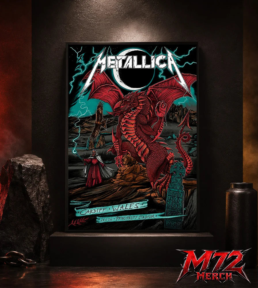 Metallica M72 World Tour June 28 2026 Cardiff Wales Principality Stadium poster canvas featuring Red Dragon Artwork by The Duchess Of Dark with a crimson Welsh dragon, solar eclipse, lightning, Celtic standing stones, mountain landscape, raven, mysterious sorcerer, and fantasy heavy metal artwork
