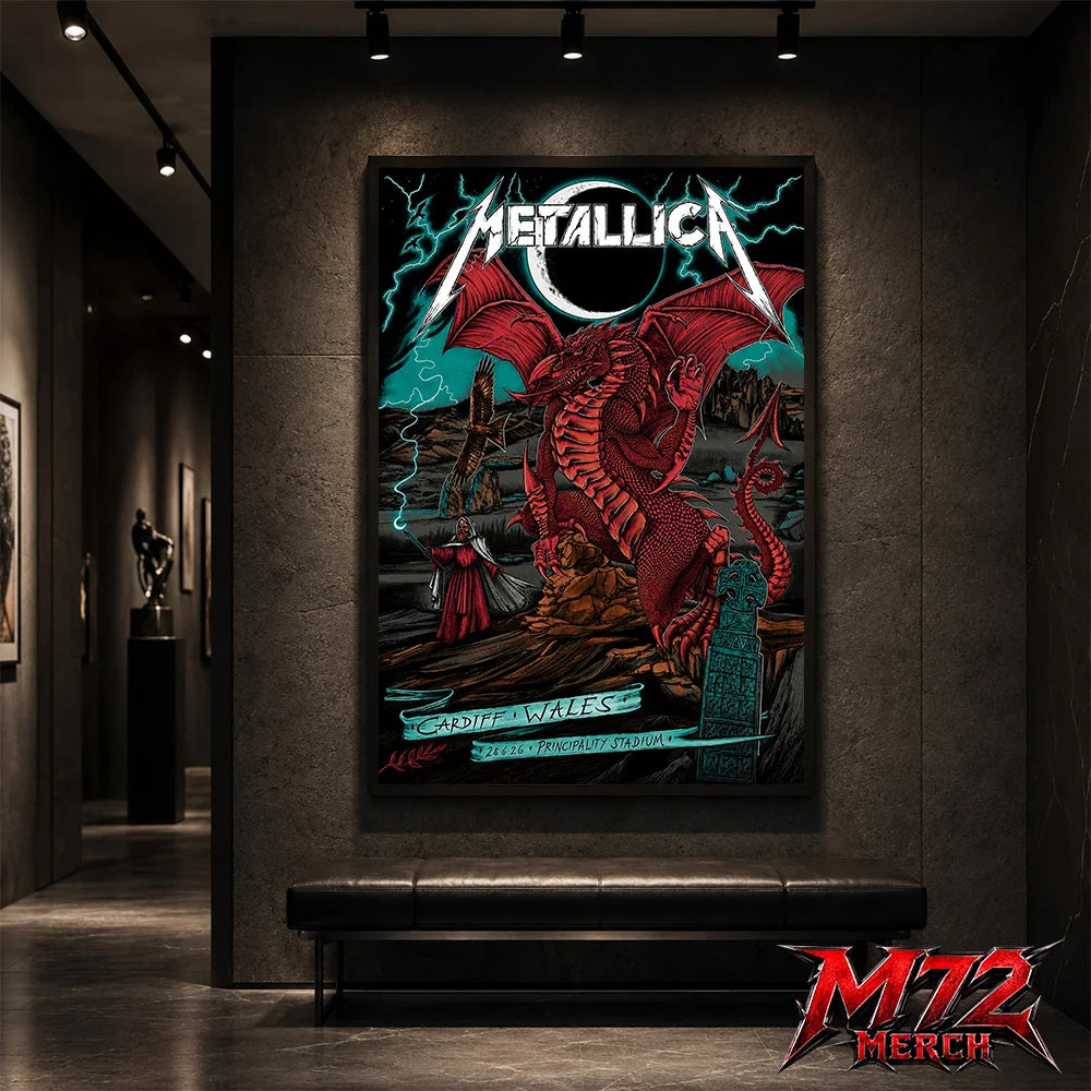 Metallica M72 World Tour June 28 2026 Cardiff Wales Principality Stadium poster canvas featuring Red Dragon Artwork by The Duchess Of Dark with a crimson Welsh dragon, solar eclipse, lightning, Celtic standing stones, mountain landscape, raven, mysterious sorcerer, and fantasy heavy metal artwork