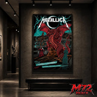 Metallica M72 World Tour June 28 2026 Cardiff Wales Principality Stadium poster canvas featuring Red Dragon Artwork by The Duchess Of Dark with a crimson Welsh dragon, solar eclipse, lightning, Celtic standing stones, mountain landscape, raven, mysterious sorcerer, and fantasy heavy metal artwork