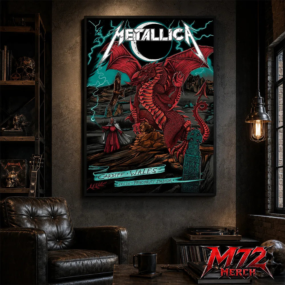 Metallica M72 World Tour June 28 2026 Cardiff Wales Principality Stadium poster canvas featuring Red Dragon Artwork by The Duchess Of Dark with a crimson Welsh dragon, solar eclipse, lightning, Celtic standing stones, mountain landscape, raven, mysterious sorcerer, and fantasy heavy metal artwork