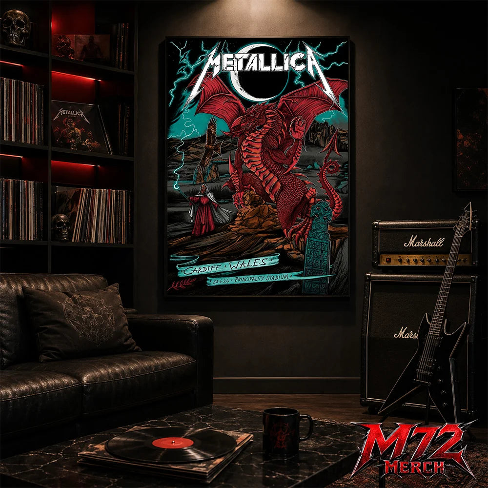 Metallica M72 World Tour June 28 2026 Cardiff Wales Principality Stadium poster canvas featuring Red Dragon Artwork by The Duchess Of Dark with a crimson Welsh dragon, solar eclipse, lightning, Celtic standing stones, mountain landscape, raven, mysterious sorcerer, and fantasy heavy metal artwork