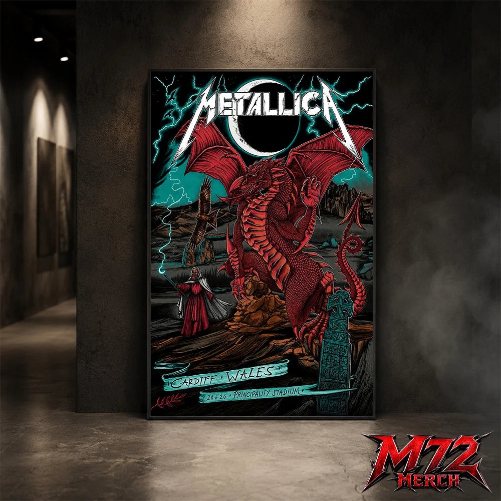 Metallica M72 World Tour June 28 2026 Cardiff Wales Principality Stadium poster canvas featuring Red Dragon Artwork by The Duchess Of Dark with a crimson Welsh dragon, solar eclipse, lightning, Celtic standing stones, mountain landscape, raven, mysterious sorcerer, and fantasy heavy metal artwork