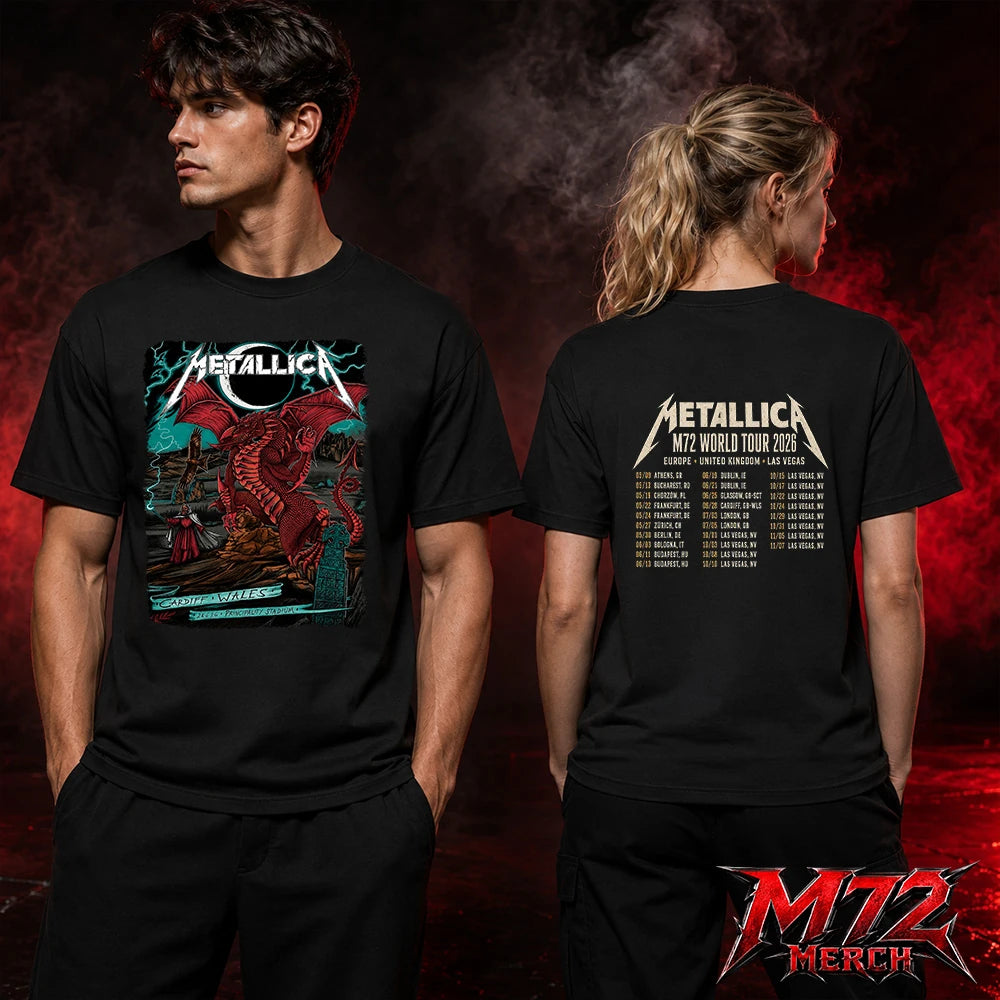 Metallica M72 World Tour June 28 2026 At Principality Stadium Cardiff Wales Red Dragon Artwork By The Duchess Of Dark Two Sided T-Shirt