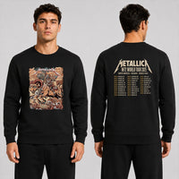 Metallica M72 World Tour June 29 2025 Empower Field At Mile High Denver Colorado United States 2 side T-shirt by Juan Ma Orozco featuring a skull-faced warrior riding a horned beast, wolves, skulls, bones, rocky mountains and M72 tour back print.