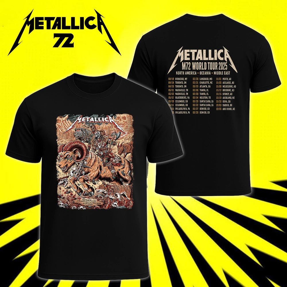 Metallica M72 World Tour June 29 2025 Empower Field At Mile High Denver Colorado United States 2 side T-shirt by Juan Ma Orozco featuring a skull-faced warrior riding a horned beast, wolves, skulls, bones, rocky mountains and M72 tour back print.