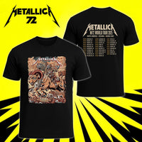 Metallica M72 World Tour June 29 2025 Empower Field At Mile High Denver Colorado United States 2 side T-shirt by Juan Ma Orozco featuring a skull-faced warrior riding a horned beast, wolves, skulls, bones, rocky mountains and M72 tour back print.