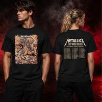 Metallica M72 World Tour June 29 2025 Empower Field At Mile High Denver Colorado United States 2 side T-shirt by Juan Ma Orozco featuring a skull-faced warrior riding a horned beast, wolves, skulls, bones, rocky mountains and M72 tour back print.