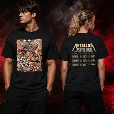 Metallica M72 World Tour June 29 2025 Empower Field At Mile High Denver Colorado United States 2 side T-shirt by Juan Ma Orozco featuring a skull-faced warrior riding a horned beast, wolves, skulls, bones, rocky mountains and M72 tour back print.