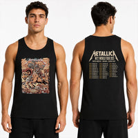 Metallica M72 World Tour June 29 2025 Empower Field At Mile High Denver Colorado United States 2 side T-shirt by Juan Ma Orozco featuring a skull-faced warrior riding a horned beast, wolves, skulls, bones, rocky mountains and M72 tour back print.